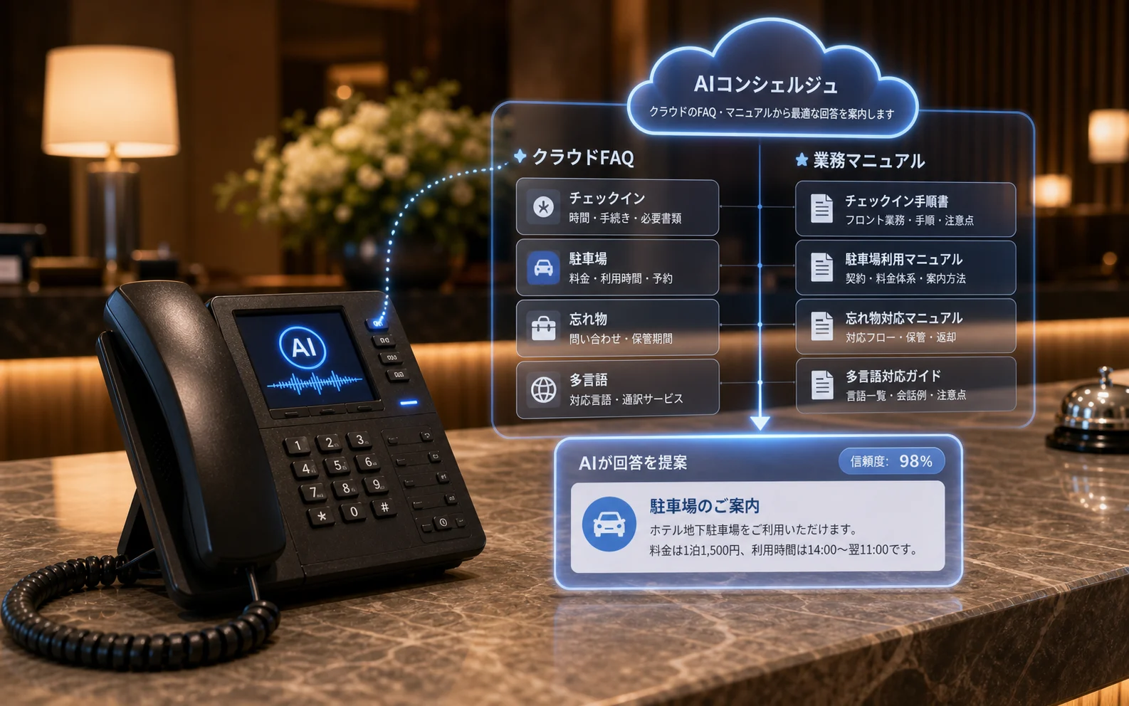 クラウド上のFAQや業務マニュアルを参照しながらAIが問い合わせ内容を聞き分けるイメージ