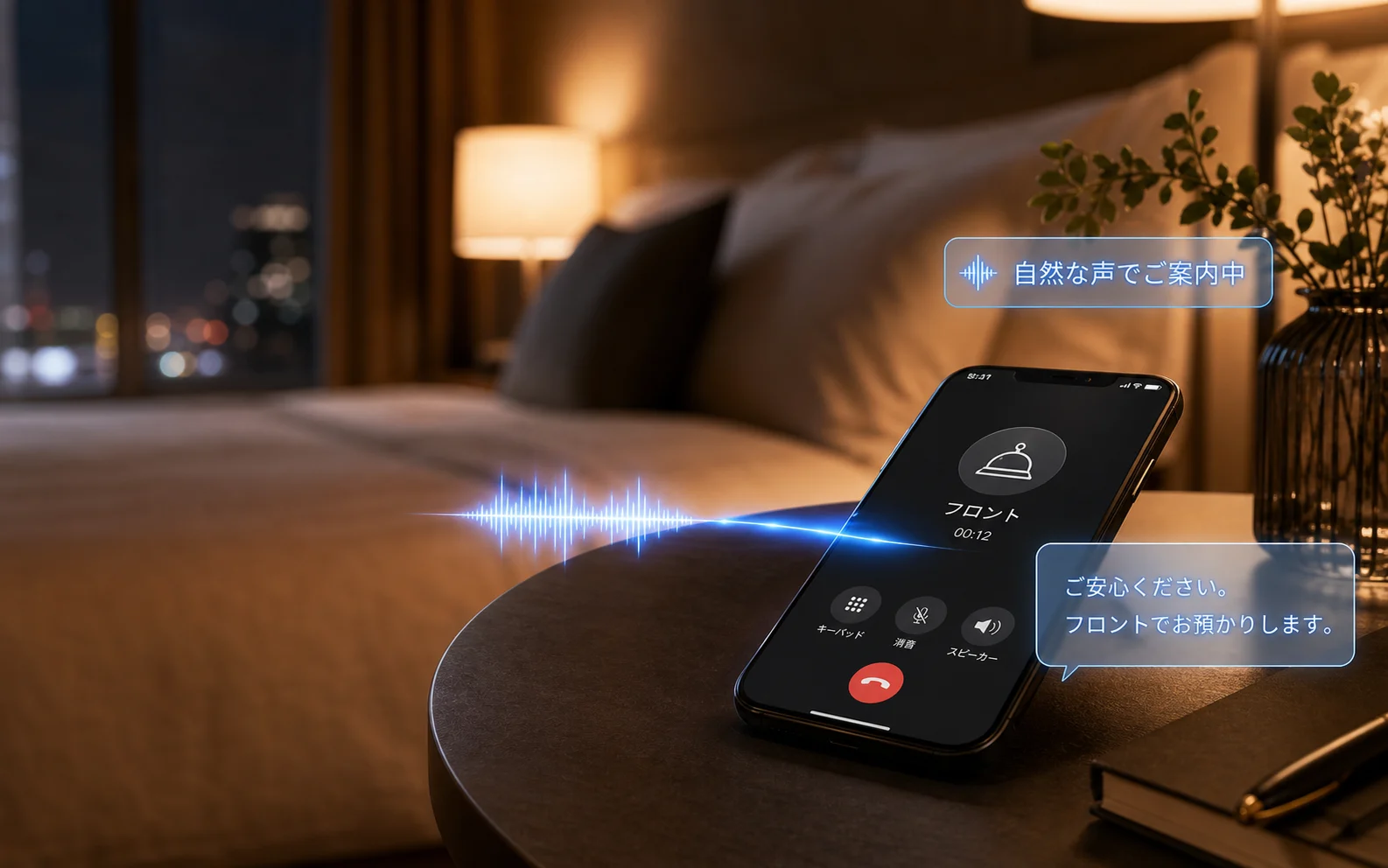 客室でスマートフォン越しにAIの自然な音声案内を受けているイメージ