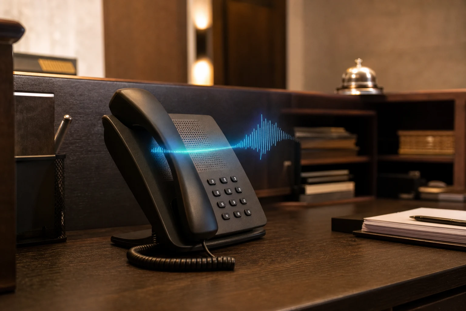 ホテルフロント側に設置された代表電話をAIが自然な声で一次応対するイメージ