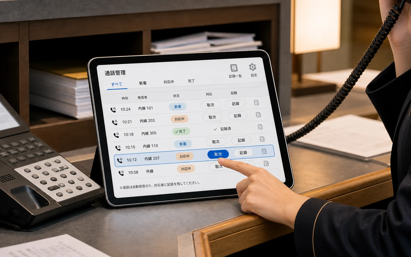顔を出さずに整った取次・記録ダッシュボードを操作するイメージ