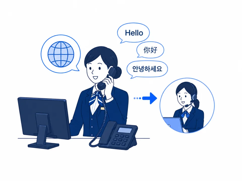 外国語の着信内容を把握して担当者へ取り次ぐイメージ
