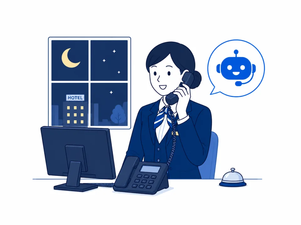 夜間にホテルスタッフとAIが電話へ応対するイメージ