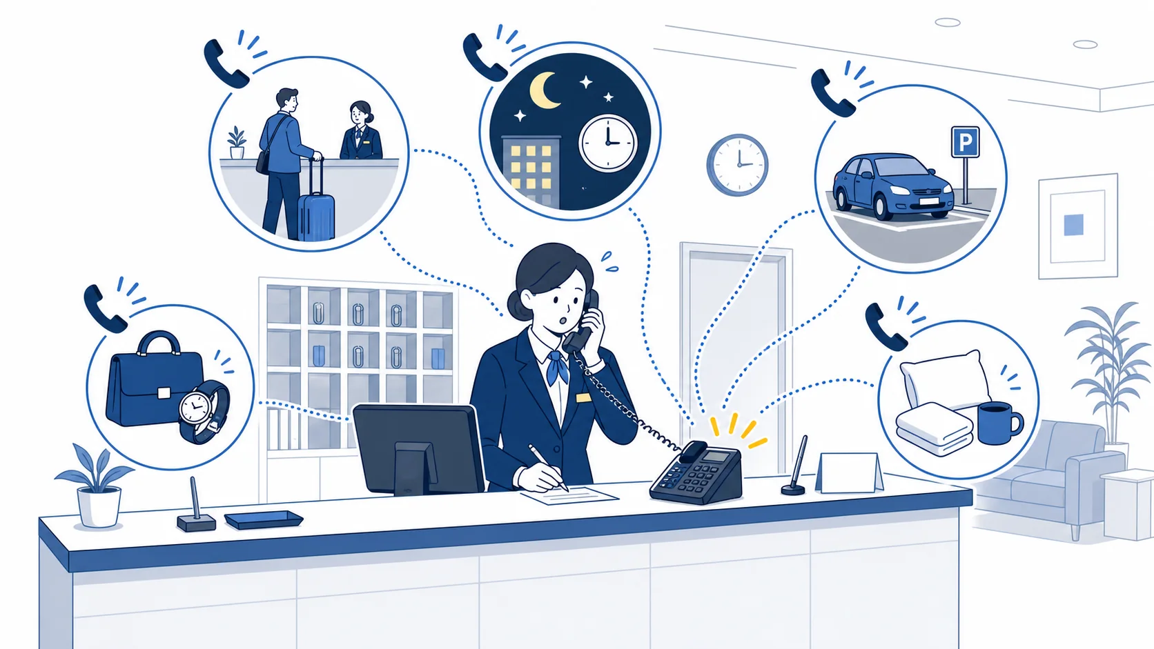 ホテルのフロントにチェックイン、夜間、駐車場、忘れ物、備品依頼の電話が集中しているイメージ
